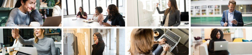 Career coaching collage with professionals in workplace settings